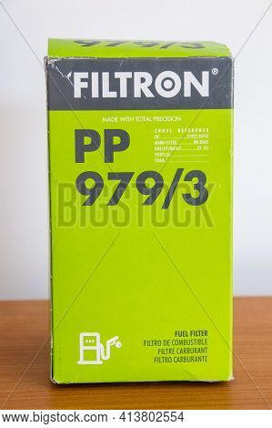 Pruszcz Gdanski, Poland - March 21, 2021: Box Of Filtron Pp 979 3 Car Fuel Filter.