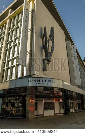 London, Uk - February 26, 2021: Corner Of The Flagship John Lewis Department Store On Oxford Street,