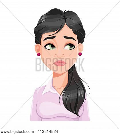Face Expression Of Beautiful Woman, Disappointed. Female Emotion. Pretty Lady Cartoon Character In F