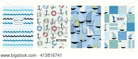 Cover Page Vector Templates With Sailing Boats, Waves, Anchors, Lifesavers. Headers Isolated And Rep