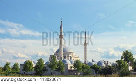 Ramadan In Edirne. Ramadan Background Photo. Mosque's Of Edirne. Two Mosques In The Clouds. Islamic 