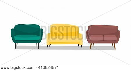 Different Sofas Set Isolated On White Background . Flat Vector Illustration.