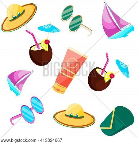 Seamless Pattern With Summer Items. Flat Vector Illustration.