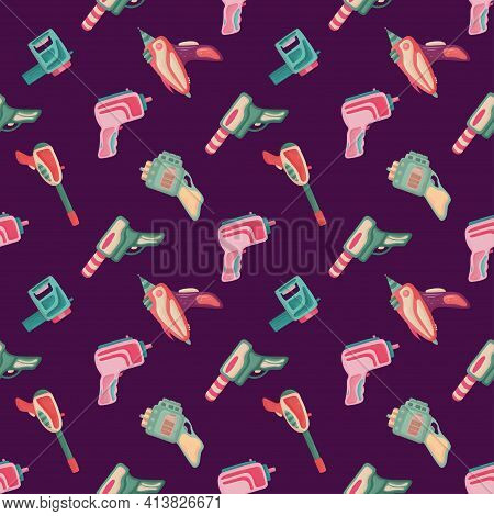 Seamless Pattern With Futuristic Colorful Blaster On Purple Background.