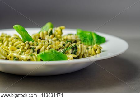 Pesto And Pine Nut Pasta Salad, Fusilli Pasta With Regato Cheese And Baby Spinach Coated In Basil Pe