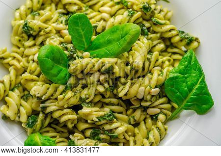 Pesto And Pine Nut Pasta Salad, Fusilli Pasta With Regato Cheese And Baby Spinach Coated In Basil Pe