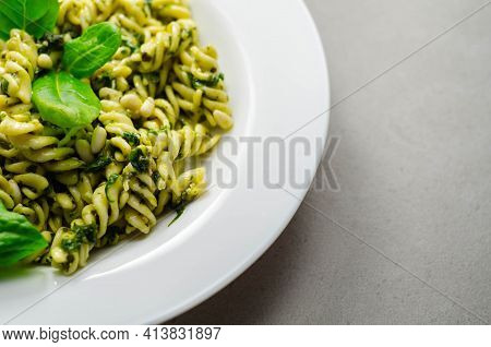 Pesto And Pine Nut Pasta Salad, Fusilli Pasta With Regato Cheese And Baby Spinach Coated In Basil Pe
