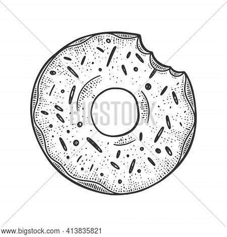 Bitten Donut Sketch Engraving Vector Illustration. T-shirt Apparel Print Design. Scratch Board Imita