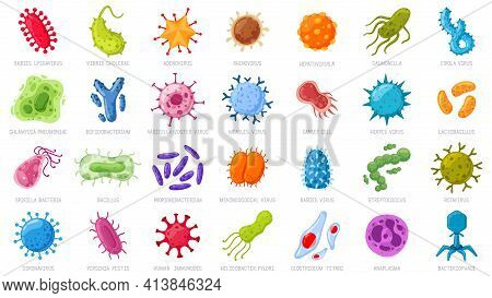 Cartoon Viruses And Microbes. Disease Causing Germs, Coronavirus And Rotavirus. Bacterial Infection 
