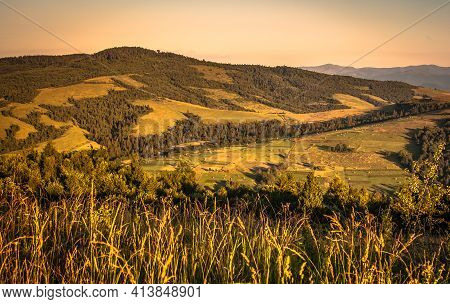 Rural Highlands Landscape With Fields At Sunset Hour