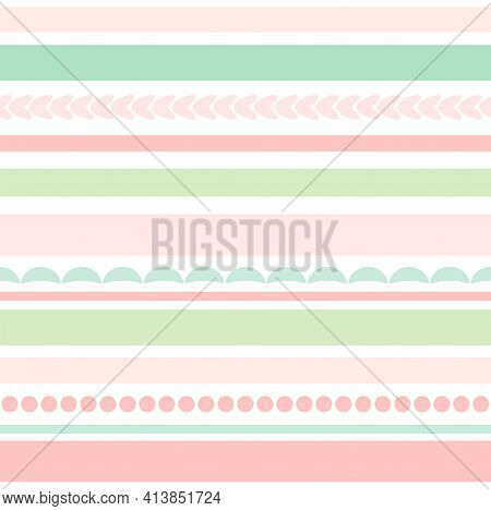Pastel Colored Lines For Eggs Decoration. Seamless Texture With Easter Ornament On White Background.