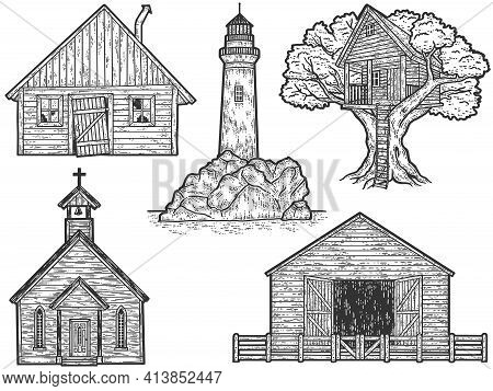 Set Of Old Vintage Buildings. Sketch Scratch Board Imitation.