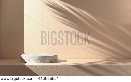 Minimal Mockup Empty Stone Podium With Sunshade Shadow Palm Leaf On Concrete Wall Abstract Backgroun