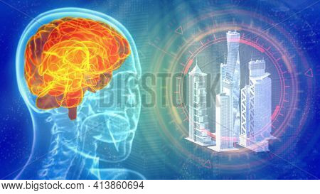 Cg Industrial 3d Illustration, Human Brain Stricken By City
