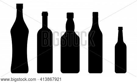 A Set Of Bottles Of Alcohol In Different Shapes And Colors. A Bottle Of Beer, Wine, Whisky, Rum And 
