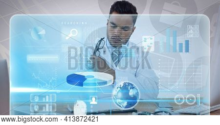 Digital interface with medical data processing against african american male doctor. medical research and technology concept