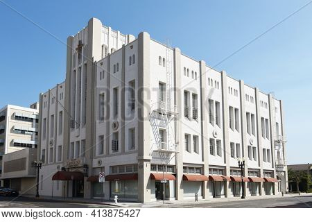 SANTA ANA, CALIFORNIA - 23 SEPT 2020: The Church of Scientology building in downtown Santa Ana. 