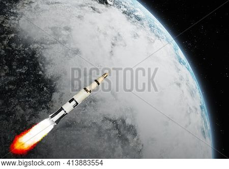 3d Image Illustration Black And White Multistage Space Rocket Model Flies To Exploration Planet At H