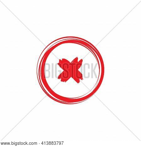 Red Brush Painted Cross In Circle. Delete Hand Drawn Button. Warning Error Icon. Flat Vector Icon Is