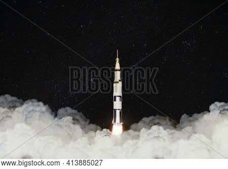 3d Image Illustration Black And White Multistage Space Rocket Model Flies Pass Cloud To Exploration 