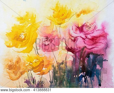 Beautiful Abstract Watercolor Floral Painting With Yellow And Red Flowers, White Background. Indian 