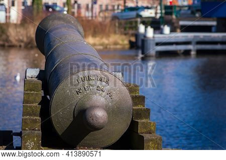 19 March 2021, Leiden, Netherlands, Vintage Heavy Gun In The Zijlpoort