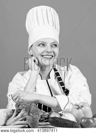 Eat Your Greens. Professional Chef With Many Healthy Products. Happy Chef Preparing Meal With Variou