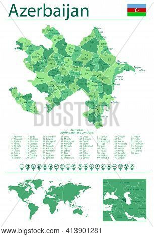 Azerbaijan Detailed Map And Flag. Azerbaijan On World Map.