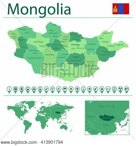 Mongolia Detailed Map And Flag. Mongolia On World Map.