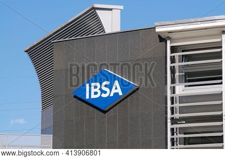 Lugano, Ticino, Switzerland - 18th March 2021 : Ibsa Group Sign Hanging On The Headquarters In Lugan
