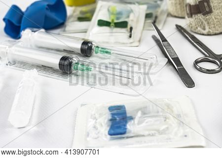 Basic Nursing Medical Kit For Quick Health Care In Nursing Due To An Emergency Or Emergency With Sci
