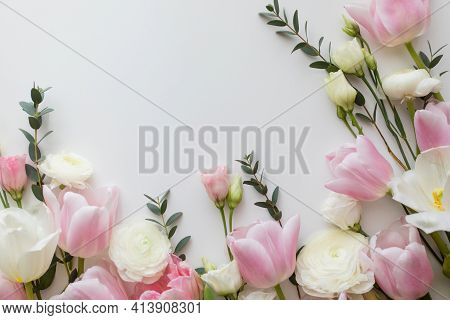 Pink And White Flowers Border Design Over The White
