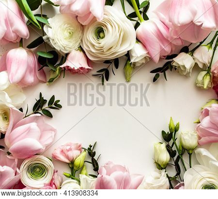 Pink And White Flowers Border Design Over The White