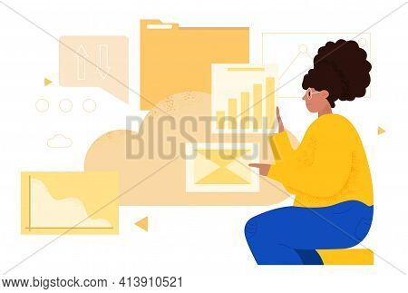 Oversize Woman Use Cloud Computing And Storage Business Technology. Data Protection. Flat Abstract M