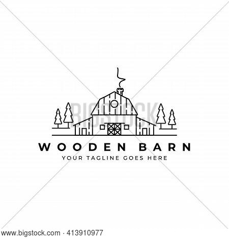 Barn House Logo Line Art Landscape Vector Illustration Design