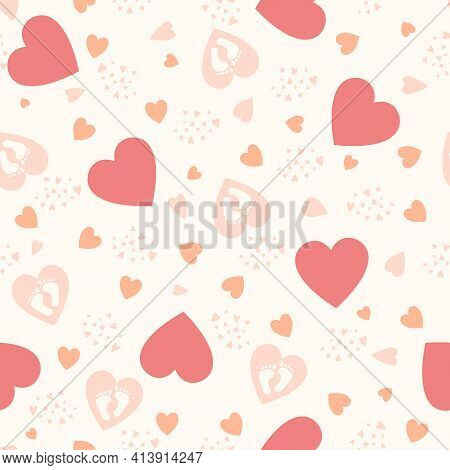 Cute Background With Hearts And Baby Feet. Seeamless Pattern For Baby Design. Pastel Colors, Pink Sh