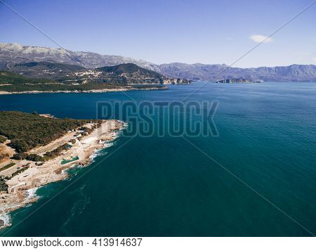 Ploce Beach In Budva Riviera, Montenegro. Aerial Photography