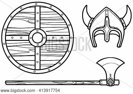 Vector Outline Set Of A Horned Helmet, Shield And Viking Battle Ax