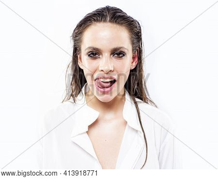 Sexy Girl Shows Tongue. Smokey Eyes Make-up. Seductive Sensual Woman