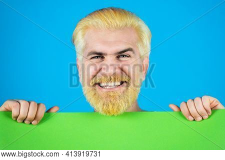 Mock Up Blank Sign For Message With Positive And Fun In Creative Design Concept. Business Man Showin