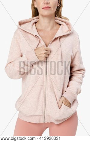 Beautiful woman wearing pink co-ord sportswear front view