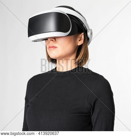 Woman in virtual reality glasses smart technology social media post