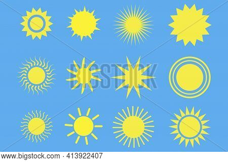 Sun Icon Set. Cartoon Yellow Set. Vector Abstract Illustration. Kid Graphic. Nature Art. Stock Image