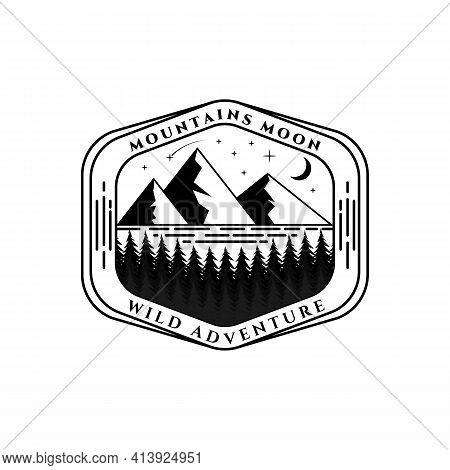Mountain Pine Tree And Lake In The Night Logo Vector Illustration Design, Vintage Logo, Badge Emblem
