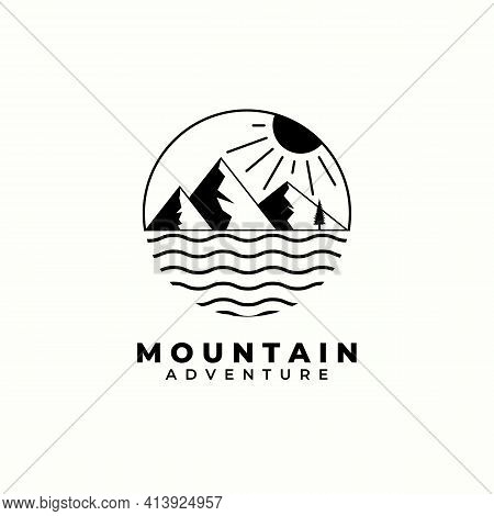 Minimalist Mountain Logo Vector Illustration Design, Riverside, Lake , Vintage Logo