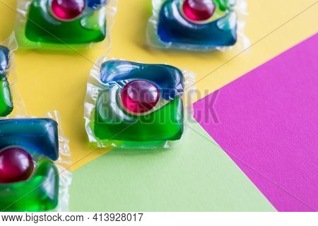 Blue Laundry Detergent Sorts Variety In Powder, Liquid Gel And Pod In Washing Dose.liquid Pods With 