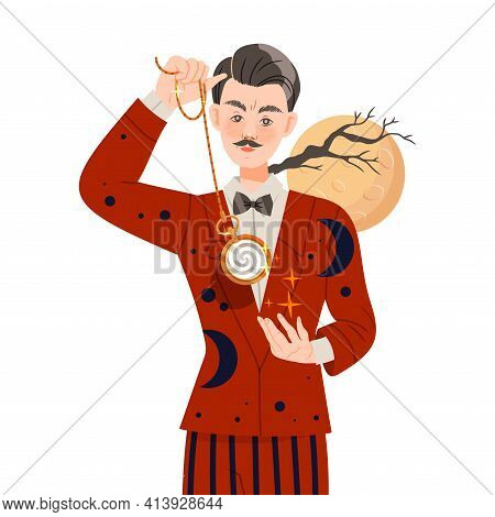 Man Hypnotist With Pendulum Practicing Hypnosis Focusing Attention Vector Illustration