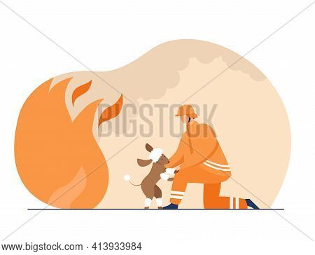 Firefighter Saving Life Of Scared Poodle. Pet, Fire, Dog Flat Vector Illustration. Firefighting And 