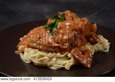 Traditional Beef Stroganoff With Mushrooms And Noodles
