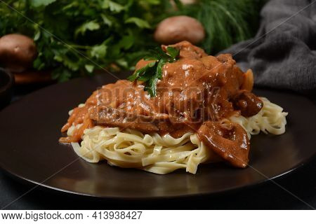 Traditional Beef Stroganoff With Mushrooms And Noodles